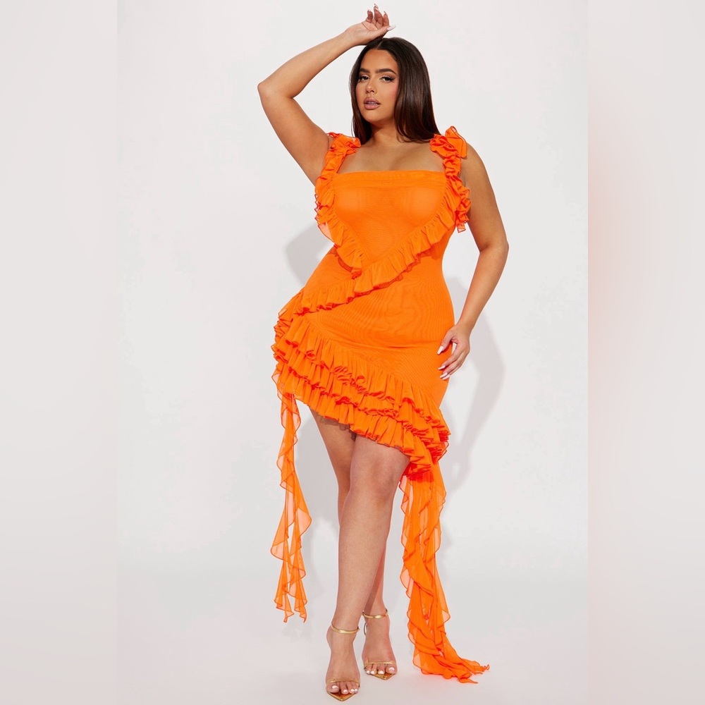 NWT Ruffled Asymmetric Orange Mini Dress - Picture 1 of 3